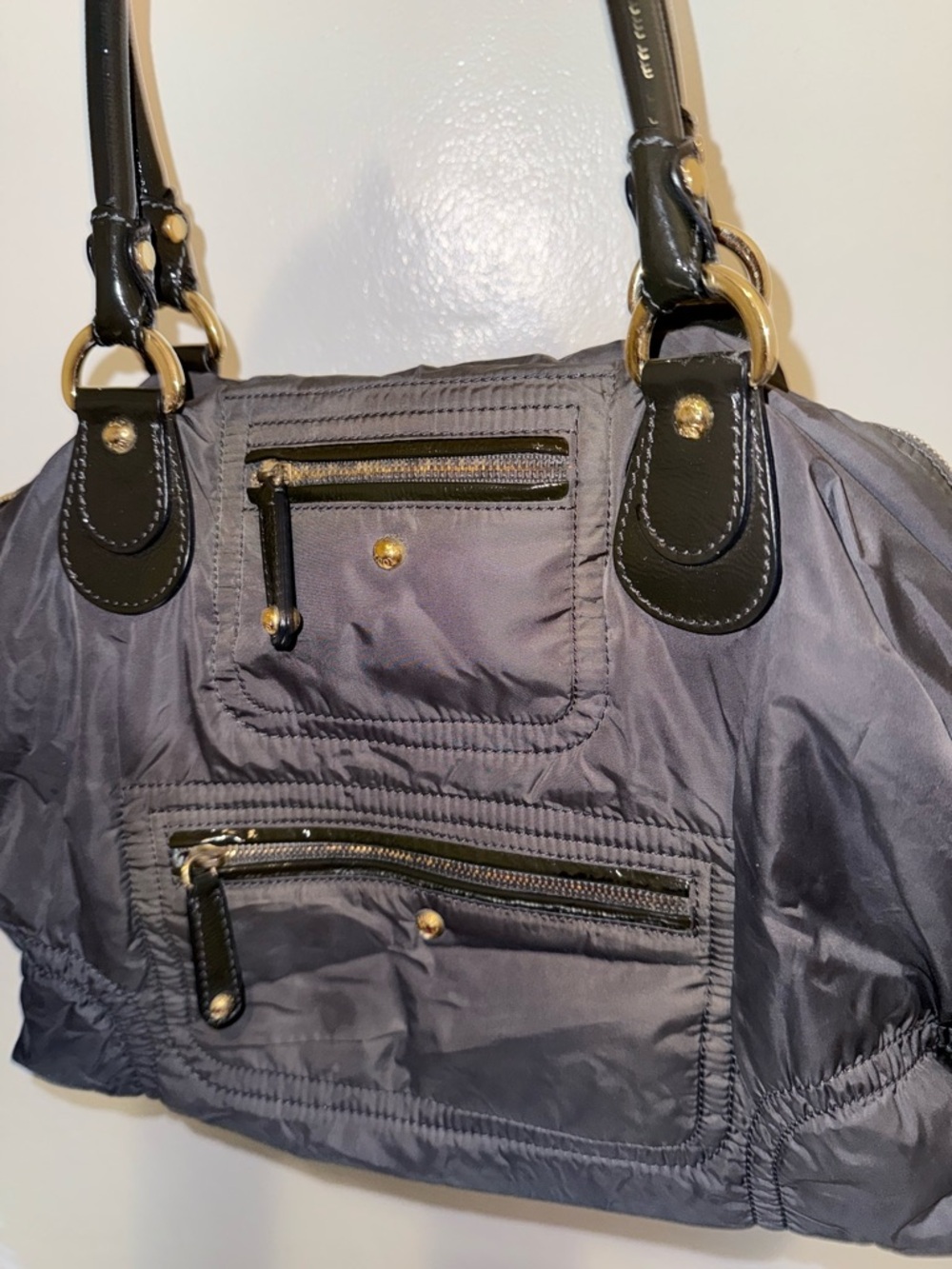 Tod's Gray Nylon Shoulder Bag with Black Trim and Gold Hardware